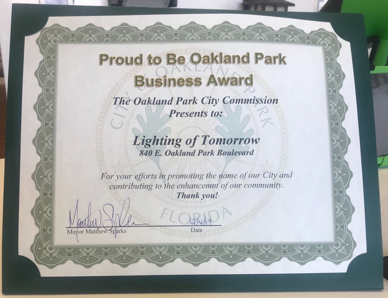 Lighting of Tomorrow - Oakland Park Proud to Be OP Business Award